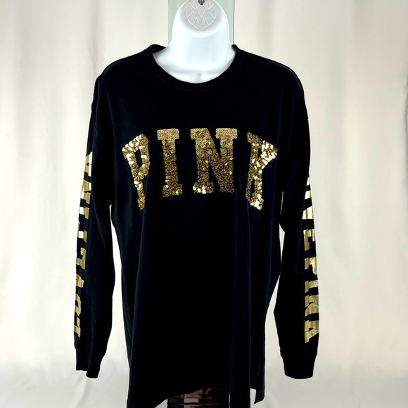 PINK Victoria's Secret VS Bling Sequin Off Black/Dark Gray LS T-Shirt Size S - Picture 2 of 13